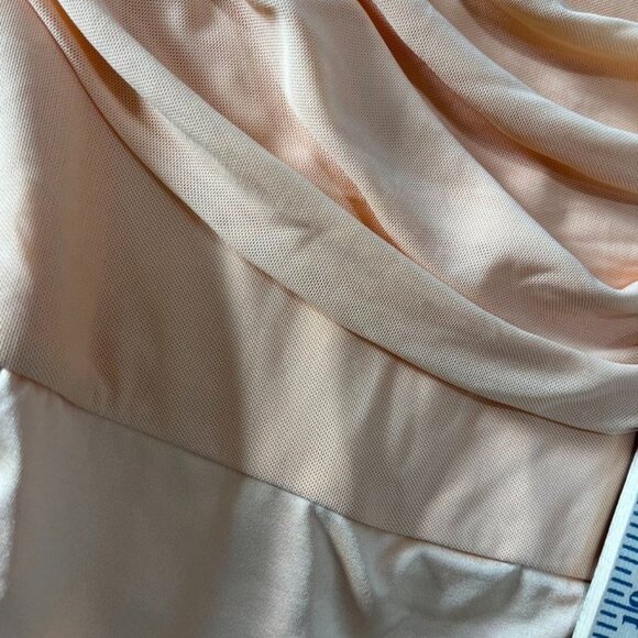 AFRM Off Shoulder Draped Mesh Ruched Thong Bodysuit Peach Apricot L - Picture 4 of 12